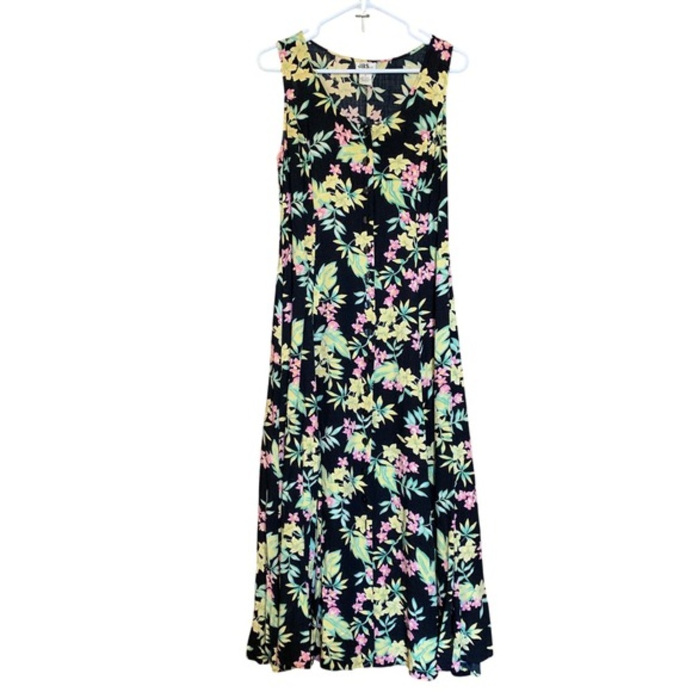 VTG Floral Maxi Dress Tropical Sleeveless‎ Button Front Size 8 Retro Long Resort